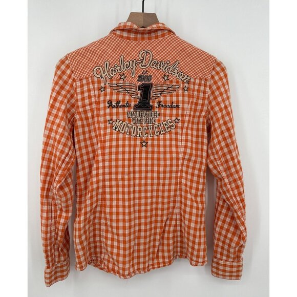 Harley Davidson Snap Button Shirt Women Medium Orange Plaid Long Sleeve Embroide - Picture 4 of 7